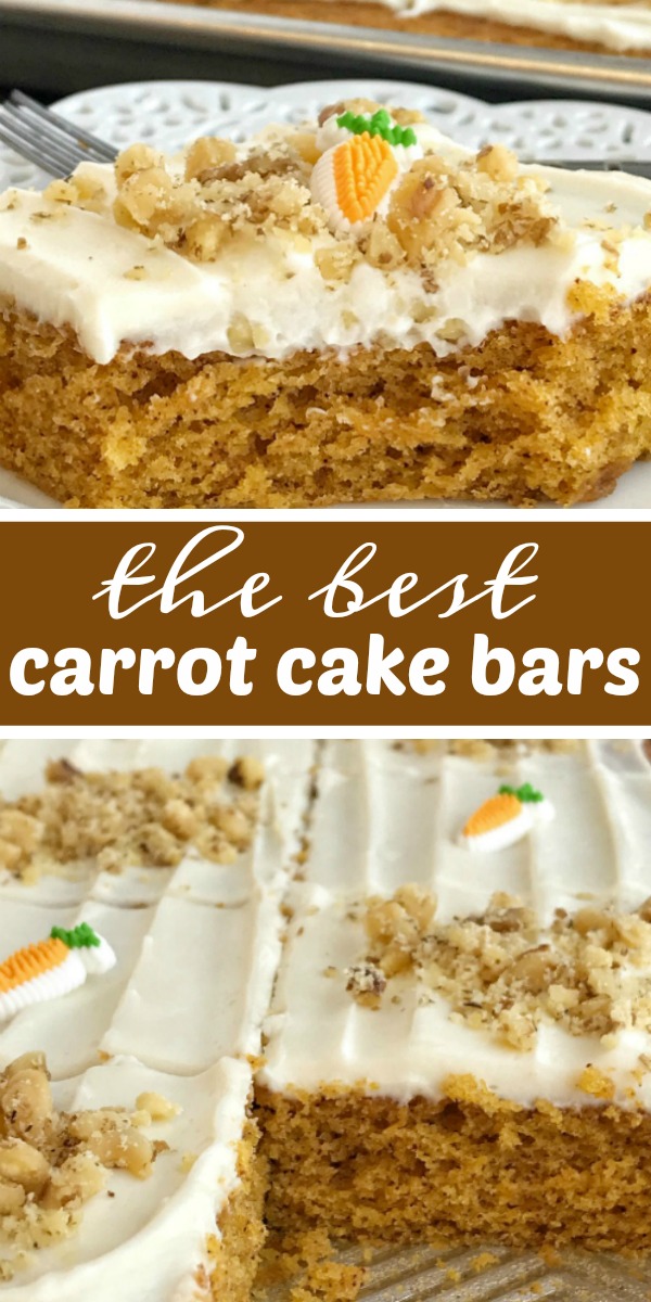 Sheet Pan Carrot Cake Bars | Carrot Cake Bars | Sheet pan carrot cake bars are made with a surprise ingredient that makes them so moist, soft, and easy to make - carrot baby food! No shredding and peeling carrots needed for these delicious carrot cake bars that feed a crowd. Top them with a whipped cream cheese frosting and garnish with chopped walnuts. #dessertrecipe #recipeoftheday #carrotcake #carrotcakerecipes #easterrecipe #easydessertrecipes