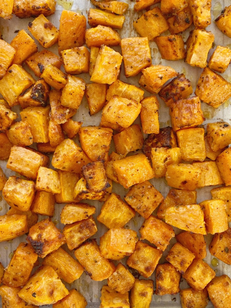 Garlic Parmesan Roasted Sweet Potatoes - Together as Family