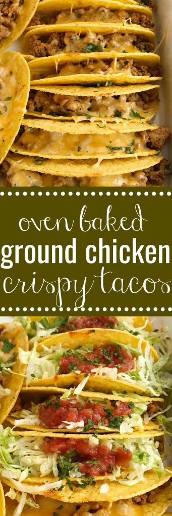 Baked Ground Chicken Tacos | Tacos | Mexican recipes | recipes with ground chicken | Baked ground chicken tacos are an easy, 30 minute dinner recipe! Crispy corn taco shells are filled with tender and flavorful ground chicken with homemade taco seasoning. So much flavor and healthy too! Load up the cheesy crispy tacos with all your favorite toppings #tacos #easydinnerrecipes #dinner #groundchicken #mexicanfood 