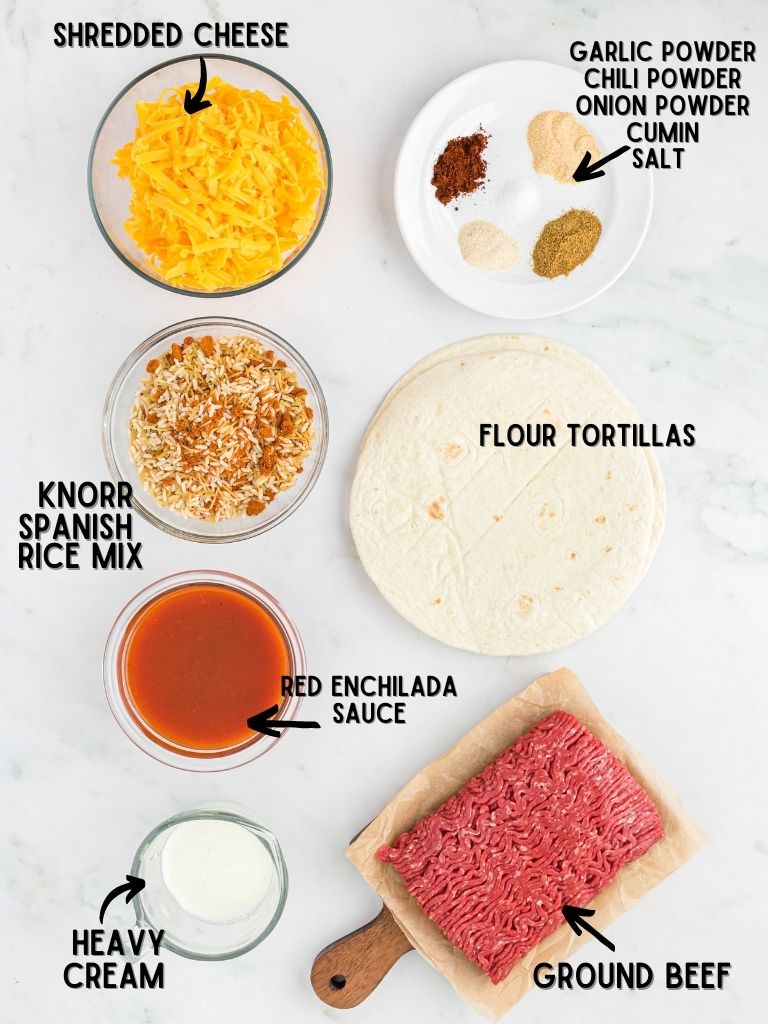 Ingredients you need for making enchiladas with ground beef and rice. Each ingredient is labeled in black text with the name of it.