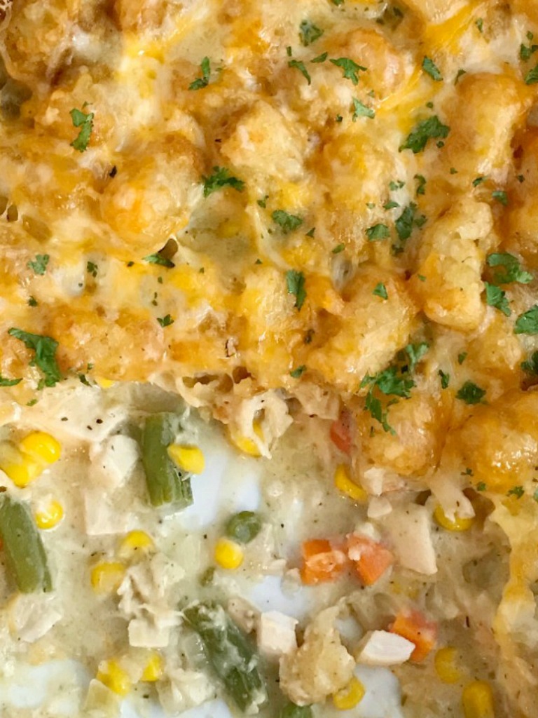 Chicken pot pie tater tot casserole is a kid-friendly, family favorite dinner recipe that everyone loves! A creamy chicken and vegetable mixture gets topped with crispy tater tots and cheese. So delicious and a sure win for dinner time. 