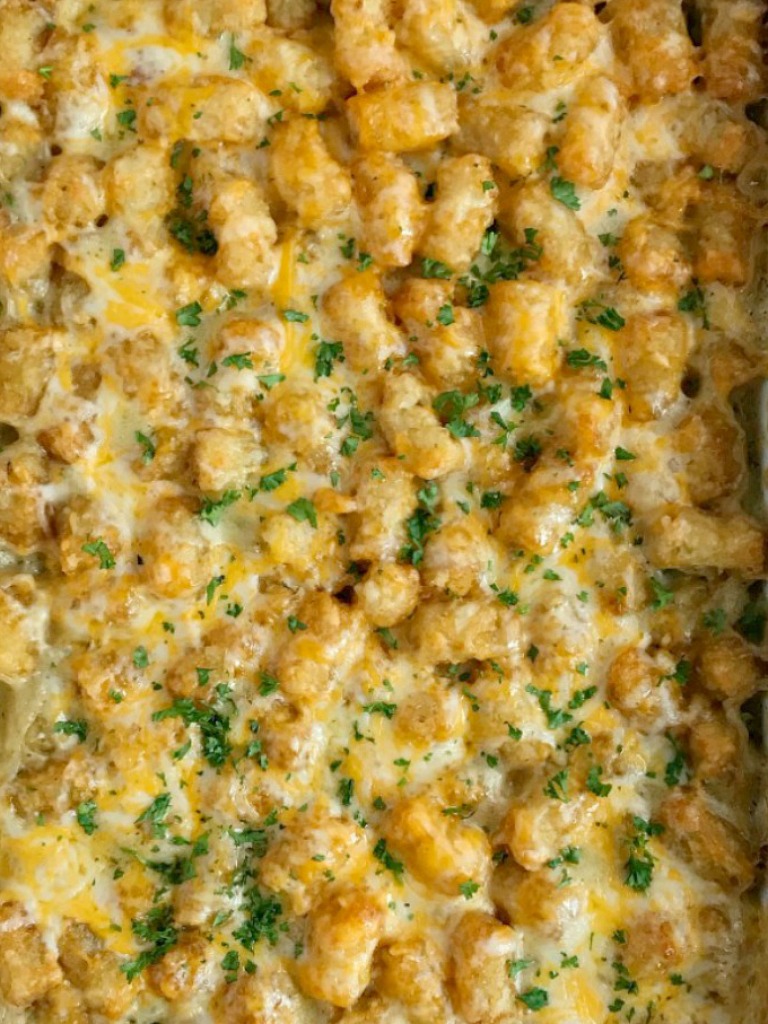  Chicken pot pie tater tot casserole is a kid-friendly, family favorite dinner recipe that everyone loves! A creamy chicken and vegetable mixture gets topped with crispy tater tots and cheese. So delicious and a sure win for dinner time. 