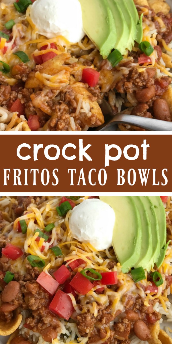 Crock Pot Fritos Taco Bowls | Ground Beef Recipes | Taco Bowl | Slow Cooker Recipes | Crock Pot Fritos Taco Bowls are a family favorite! A beefy taco mixture simmers in the crock pot all day and then gets piled on top of Fritos, rice, and all your favorite taco toppings. This is a dinner that everyone will be begging for more of. #easydinnerrecipes #tacobowls #dinner #crockpotrecipes #slowcooker #dinnerrecipe