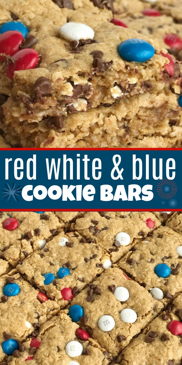 No Flour Red White & Blue Cookie Bars | 4th of July Recipe | Gluten Free Desserts | Celebrate Memorial Day and 4th of July with these fun and festive no flour red white and blue cookie bars. Cookie bars with no flour and loaded with peanut butter, oats, chocolate chips, and m&m's. Makes an entire cookie sheet so there is plenty to serve a crowd. #4thofjulyrecipes #holidayrecipes #glutenfree #redwhiteandblue
