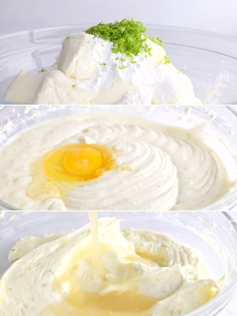 How to make a key lime cheesecake with step-by-step pictures in a collage photo. 