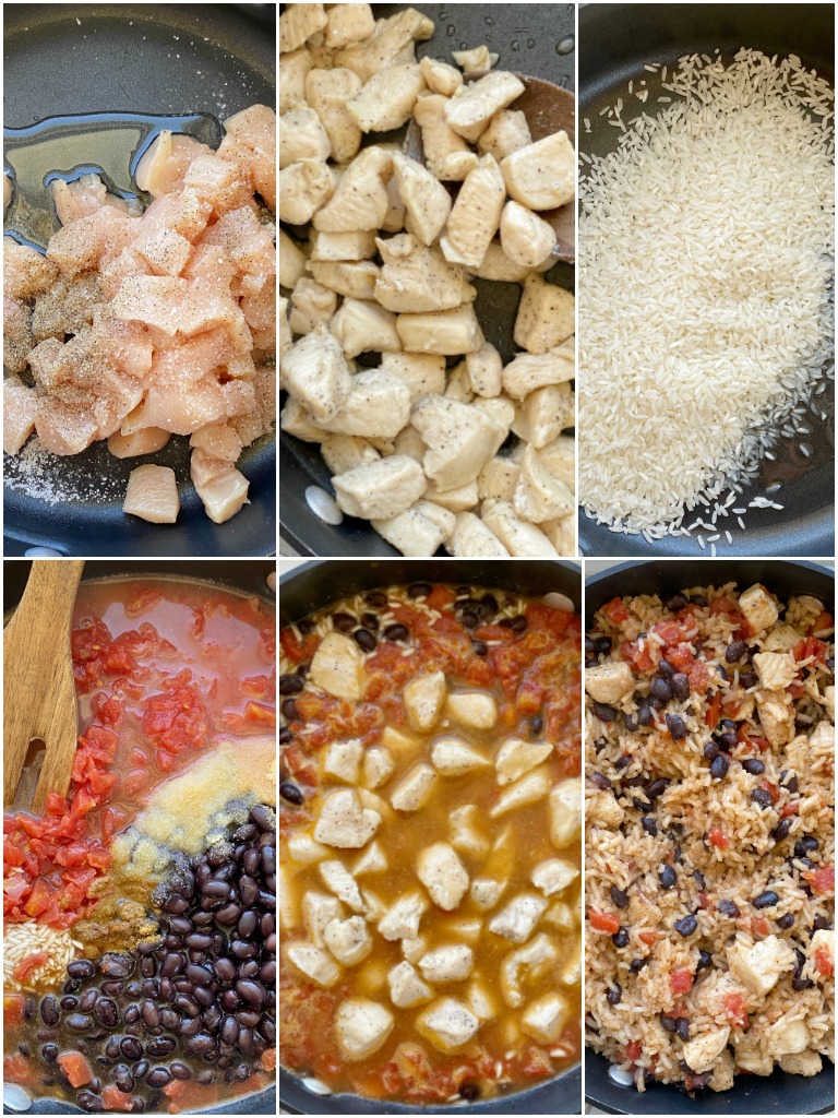 Chicken Burrito Skillet is a one pan easy dinner recipe that's made right on the stove top in 30 minutes. Chunks of chicken, rice, beans, and tomatoes simmer in seasoned chicken broth.