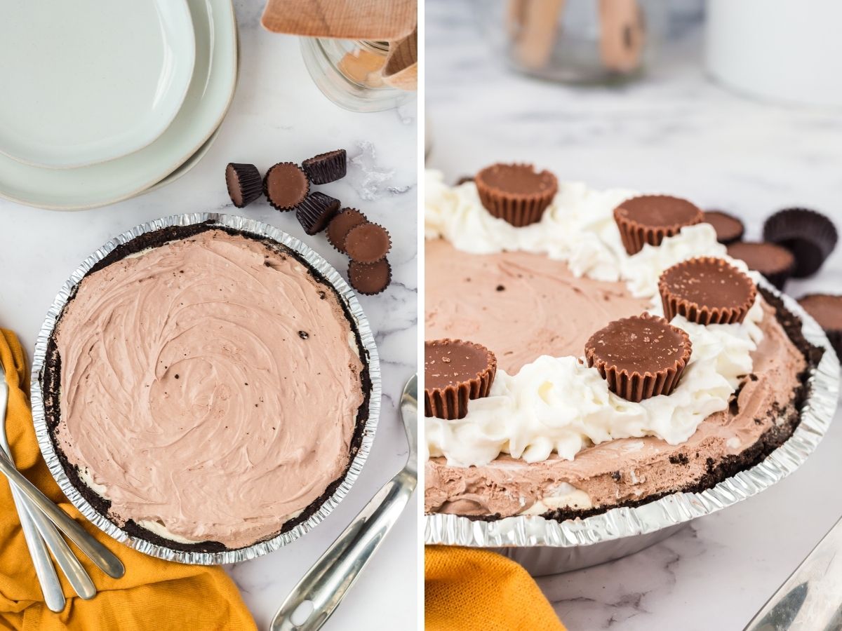 A collage with two pictures with a pie and then the pie decorated with Reese's and whipped cream.
