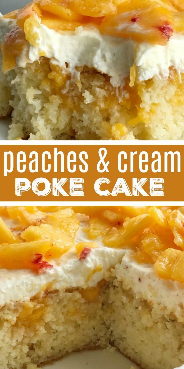 Peaches and Cream Poke Cake | Poke Cake Recipe | Cake | Dessert | If you love poke cakes then you must try this peaches and cream poke cake! French vanilla cake soaked in fresh peaches, frosted with a light and fluffy cream cheese whipped topping, and topped with chunked fresh peaches. #pokecake #cake #dessertrecipes #easydessertrecipe #peaches #peachrecipes