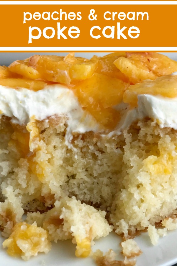 Peaches and Cream Poke Cake | Poke Cake Recipe | Cake | Dessert | If you love poke cakes then you must try this peaches and cream poke cake! French vanilla cake soaked in fresh peaches, frosted with a light and fluffy cream cheese whipped topping, and topped with chunked fresh peaches. #pokecake #cake #dessertrecipes #easydessertrecipe #peaches #peachrecipes