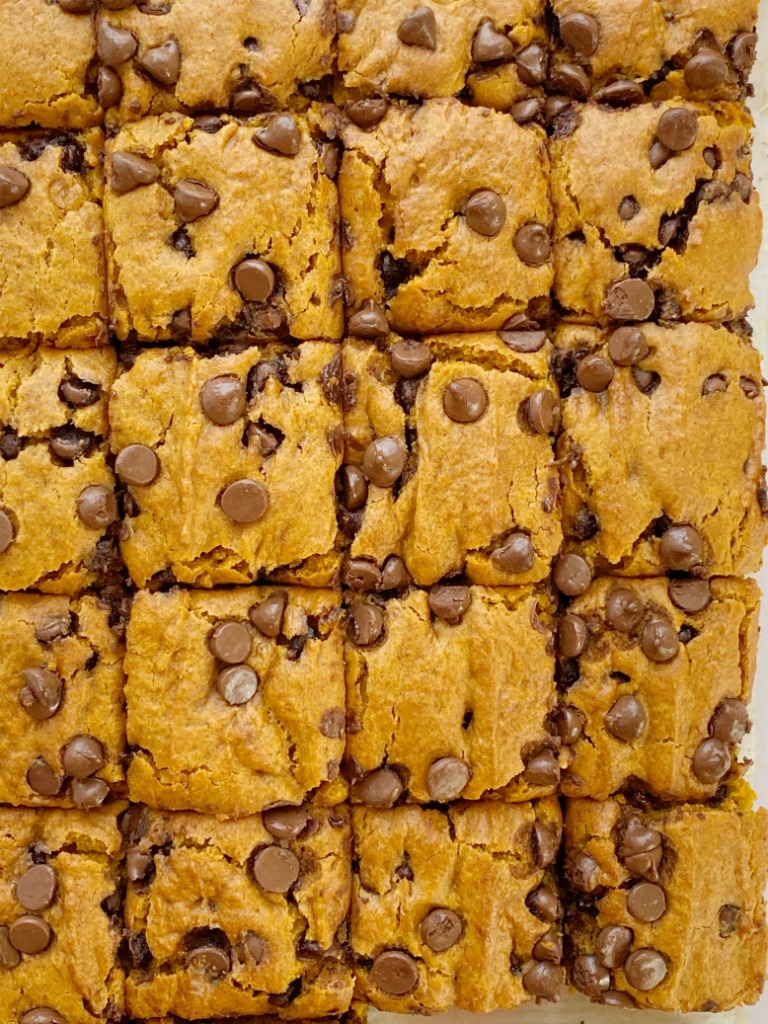 Pumpkin Chocolate Chip Bars are super soft & moist, cake-like, and loaded with milk chocolate chips. They have the perfect blend up pumpkin, pumpkin pie spice, and cinnamon. This pumpkin bar recipe uses an entire can of pumpkin so there will no wondering what to do with the leftovers.