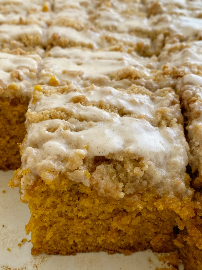 Moist and tender pumpkin cake loaded with warm pumpkin spices and topped with a sweet cinnamon & brown sugar streusel. Mix up a simple vanilla glaze to drizzle over the top. This streusel pumpkin cake is the best Fall pumpkin dessert recipe!