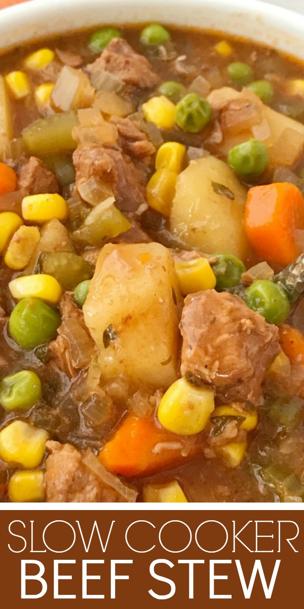 Slow Cooker Beef Stew Recipe | Beef Stew | Slow Cooker Recipes | Slow Cooker Beef Stew is loaded with tender beef chunks, vegetables, and potatoes that cook in a flavorful tomato beef broth. This easy beef stew recipe is the ultimate comfort food and a family favorite dinner recipe. #slowcooker #crockpot #beefstewrecipes #beefrecipes #dinner #dinnerideas #dinnerrecipes