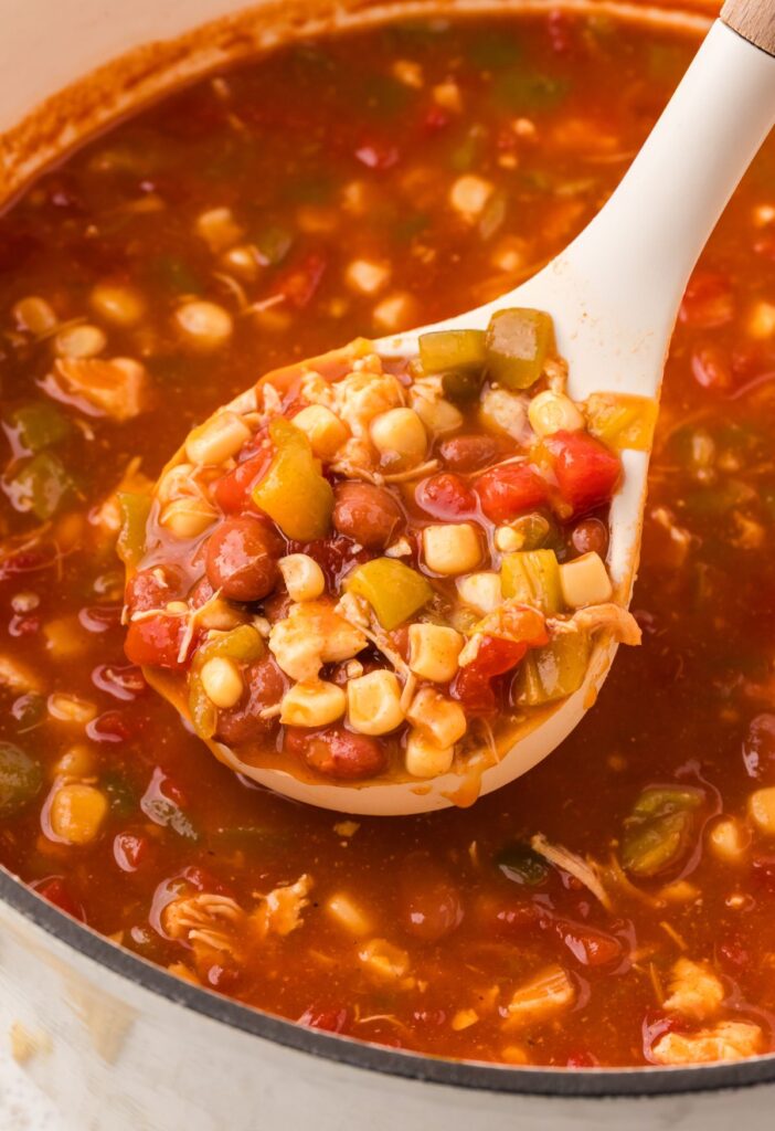 Soup ladle of the chicken chili from the pot of chili below it.