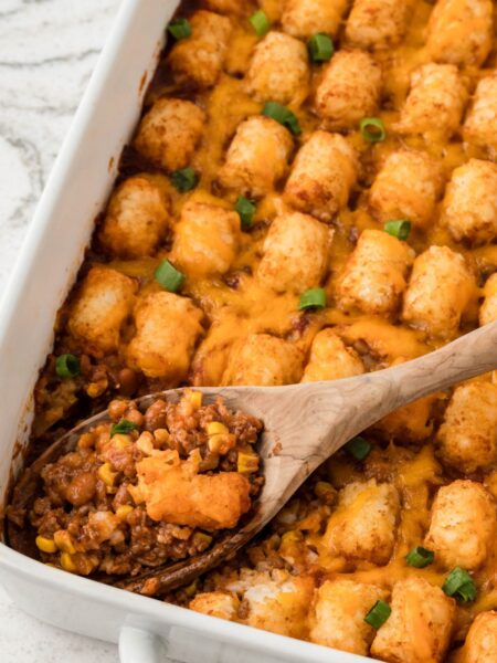 A casserole with tater tots on top