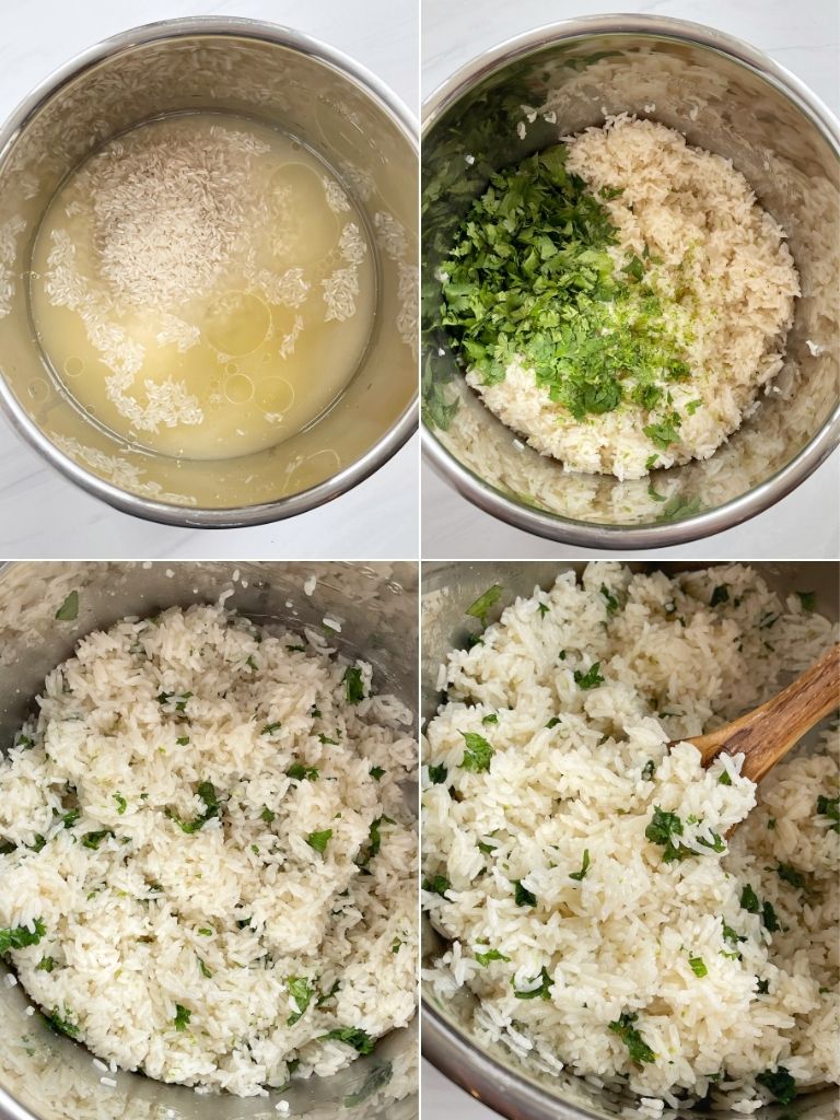 Step by step pictures on how to make cilantro lime rice in an Instant pot. A collage of 4 pictures. 