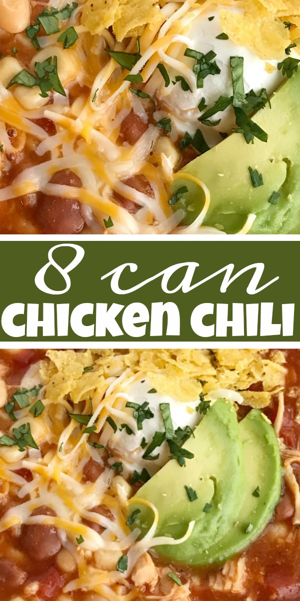 8 Can Chicken Chili | Chicken Chili Recipe | 30 Minute Dinner | 8 can chicken chili is a quick & easy dinner that be ready in no time at all. You literally dump 8 cans into a soup pot plus seasonings! This is surprisingly so delicious and comforting. Top with sour cream, shredded cheese, tortilla chips, and avocado slices. #dinner #easydinnerrecipes #recipeoftheday #soup #chickenrecipes #chilirecipes #chicken #chili