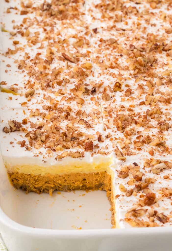 Side view of the pan of layered pudding dessert showing the layers. 