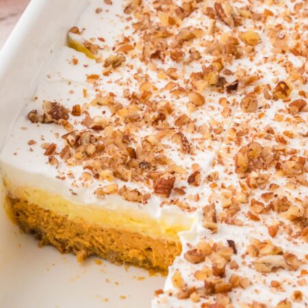 Side view of the pan with the layered dessert