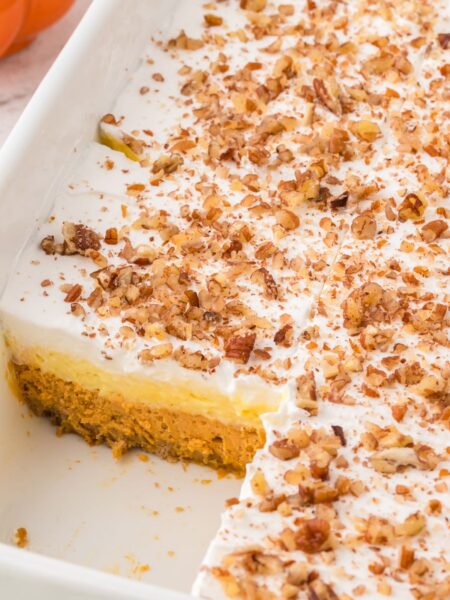 Side view of the pan with the layered dessert
