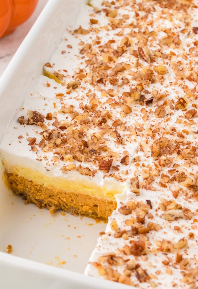 Side view of the pan with the layered dessert