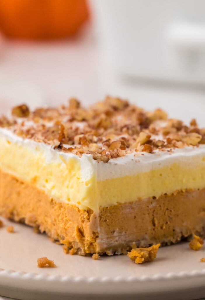 A slice of the dessert on a white plate 