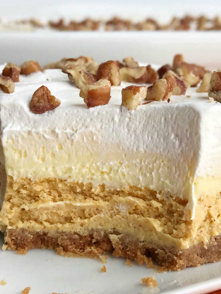 Pumpkin Cheesecake Layered Pudding Dessert | Pumpkin Dessert | Pumpkin Cheesecake | Pumpkin cheesecake pudding dessert is a layered dessert made in a 9x13 baking dish. Cinnamon cracker crust, topped with a creamy pumpkin cheesecake, fluffy vanilla pudding, and Cool Whip. Garnish with pecans for the best pumpkin dessert this Fall. #pumpkin #pumpkinrecipe #pumpkincheesecake #cheesecake #dessertrecipe #fallrecipe #pumpkinspice