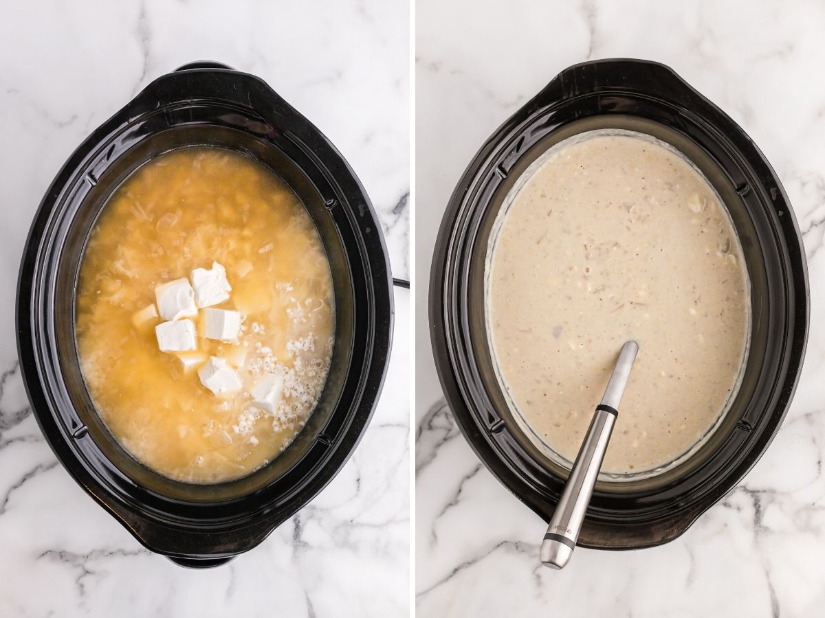 Two picture collage with a slow cooker with potato soup. One picture after it's done cooking and the other is the creamy soup with the milk and flour added to it. 