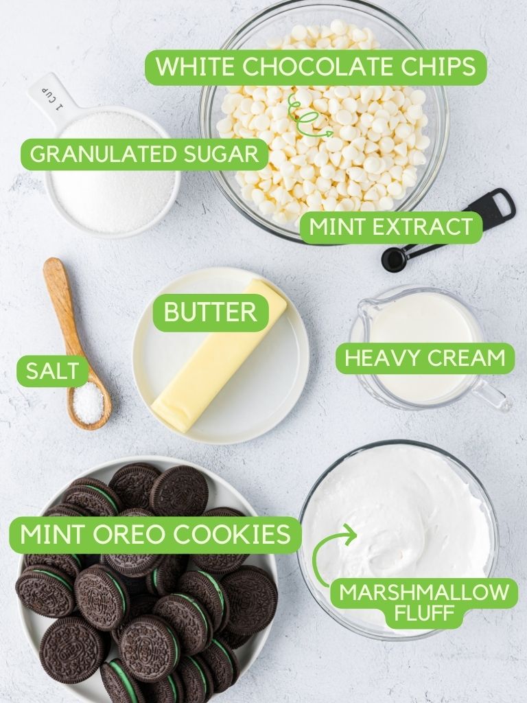 Labeled ingredients for mint oreo fudge recipe. 