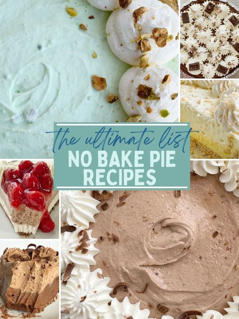 A photo collage of no bake pie recipes with a title box in the center. 
