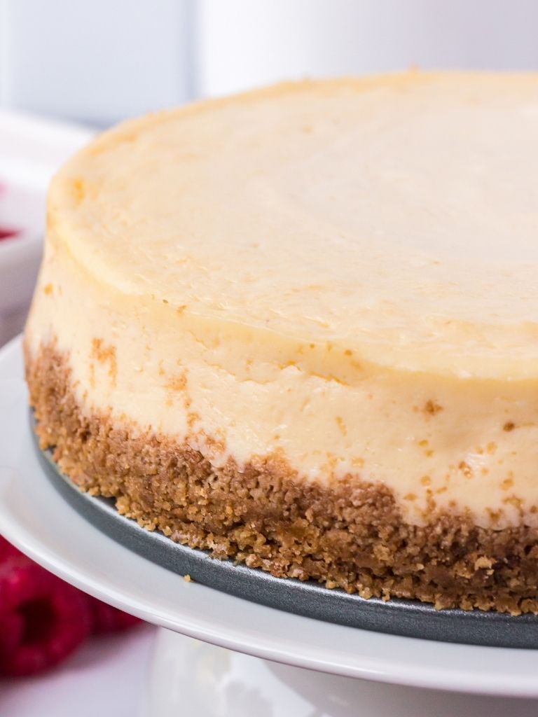 A side view of a cheesecake showing the crust layer and cheesecake. 