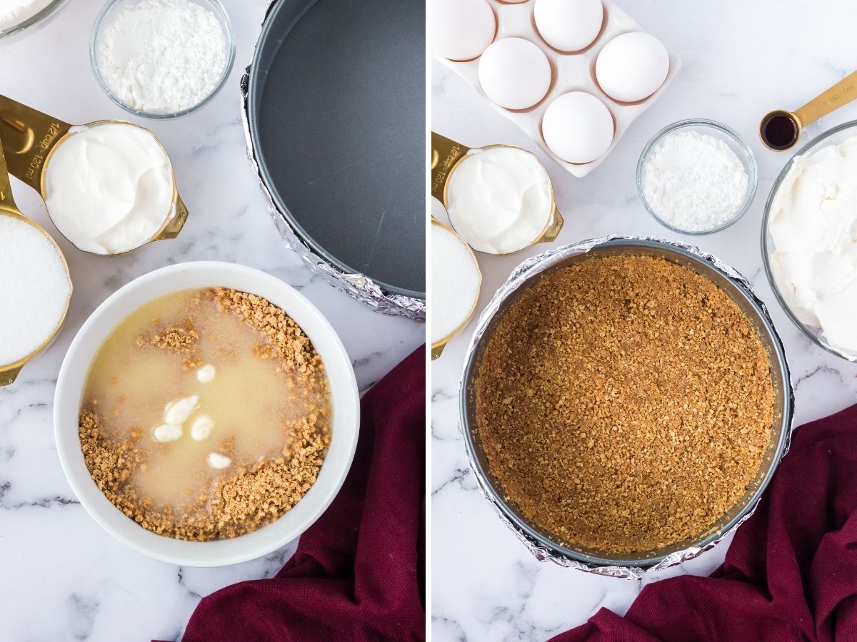 How to make the graham cracker crust with two pictures showing ingredients and step by step photos.
