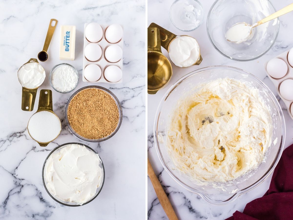 Photo collage on how to make cheesecake with ingredients needed and a bowl of cheesecake. 