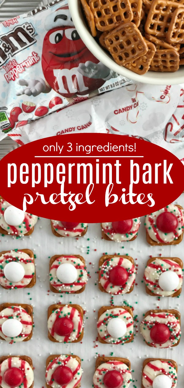 Peppermint Bark Pretzel Bites | Peppermint Bark Recipe | Christmas Recipe | Christmas Treats | Peppermint bark pretzel bites with a Candy Cane Hershey kiss, on top of a pretzel, and topped with a peppermint white chocolate m&m. So easy to make too! #christmasrecipe #peppermintbark #whitechocolate #recipeoftheday