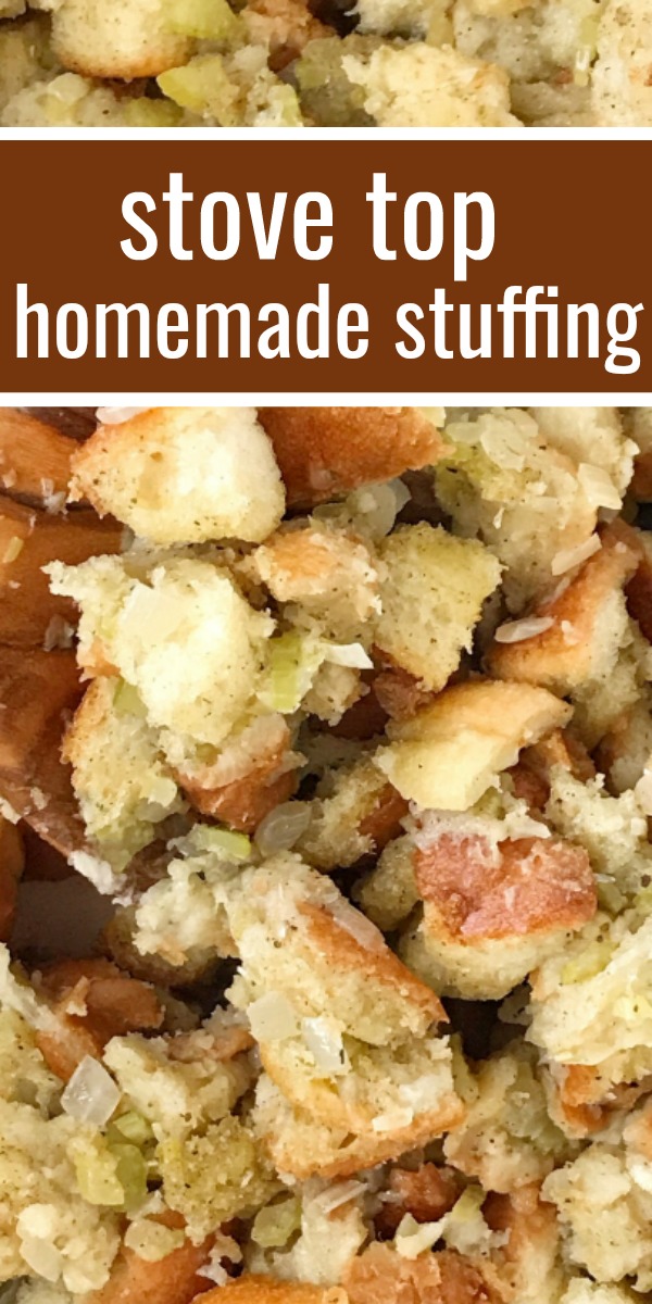 Stove Top Stuffing Recipe | Stuffing Recipe | Homemade Stuffing | Easy homemade stuffing made right on the stove top in just 30 minutes! Crusty bread chunks dried in the oven and then cooked with butter, seasonings, celery, and onion in a pot on the stove. This stove top stuffing will be a family favorite Thanksgiving recipe. #thanksgivingrecipe #stuffing #homemadestuffing #sidedish #recipeoftheday