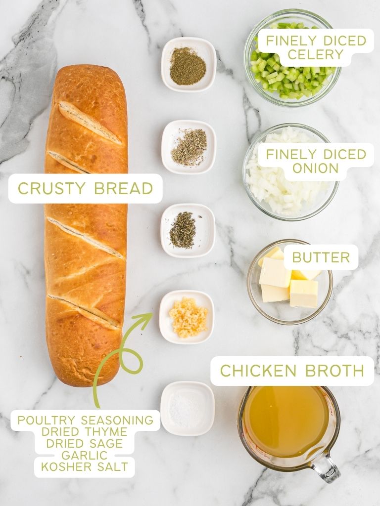 Ingredients on a white background with each one labeled in green text with what it is. 