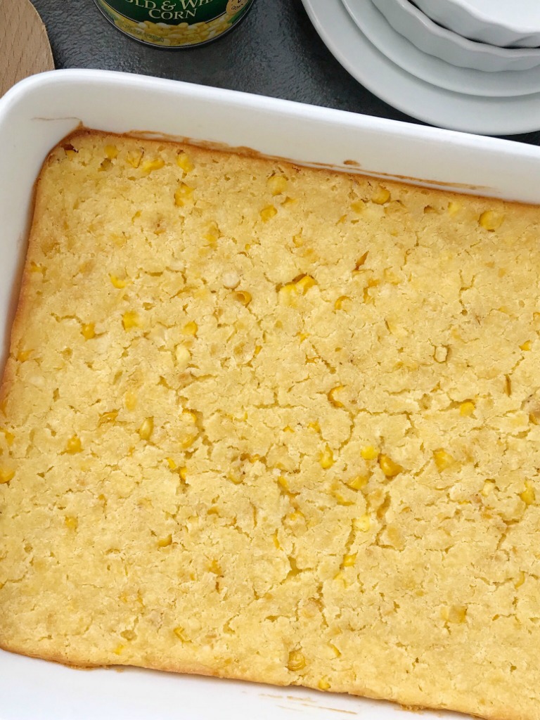 Sweet Corn Casserole | Corn Casserole | Thanksgiving Recipe | Classic sweet corn casserole is a comforting side dish that is also great for a Holiday dinner. This corn casserole uses creamed corn, gold n' white corn, sour cream, and a package of cornbread mix. #casserole #corncasserole #thanksgivingrecipe #recipeoftheday #sidedish 