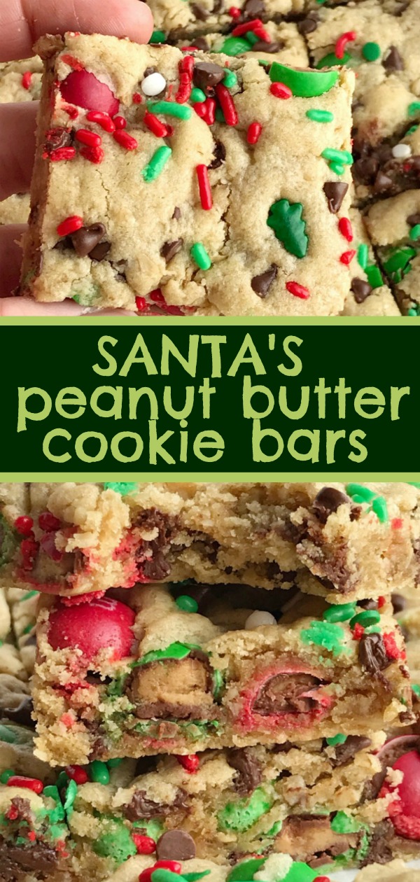 Santa's Cookie Bars | Christmas Cookie Recipes | Christmas Recipe | Santa Cookies | Santa's Cookie Bars are perfect for Christmas Eve on the cookie plate! A soft, thick, and chewy peanut butter cookie bar loaded with oats, chocolate, peanut butter m&m's, and festive red and green sprinkles. #christmasrecipes #christmascookies #holidaybaking #santacookies #recipeoftheday
