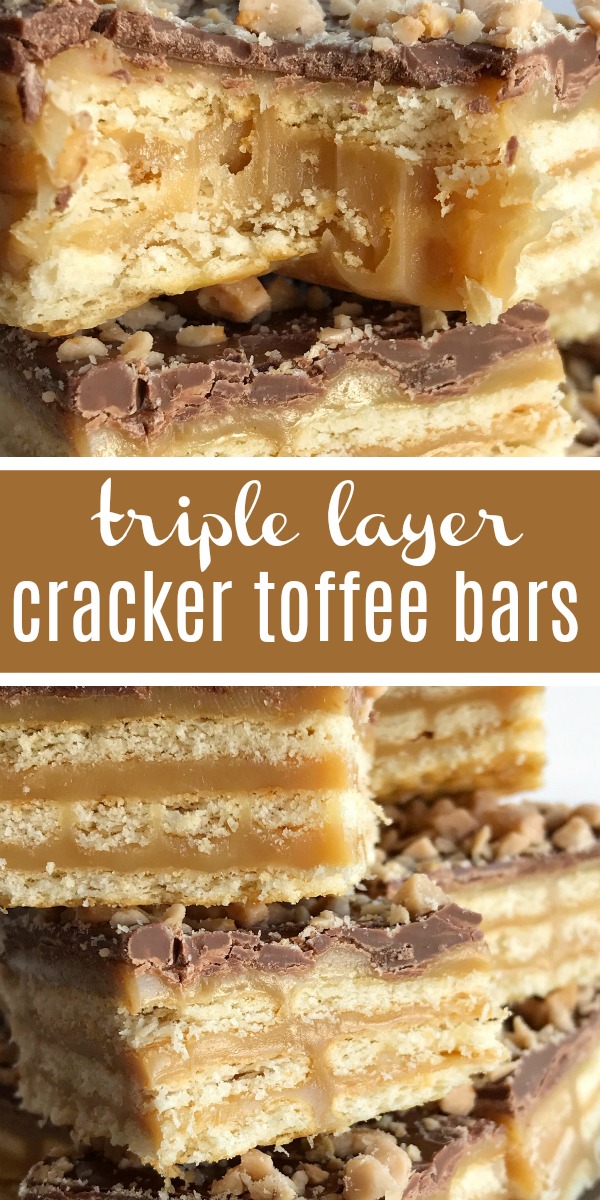 Triple Layer Cracker Toffee Bars | Toffee Recipe | Caramel Recipe | Cracker Toffee | These easy caramel & chocolate triple layer cracker toffee bars are a fun twist to traditional cracker toffee. One pan, three layers, and only about 10 minutes is all you need for sweet, buttery, salty perfection. It's a must make Christmas recipe! #holidayrecipe #christmasrecipe #dessert #easydessertrecipes #caramel #toffee #recipeoftheday