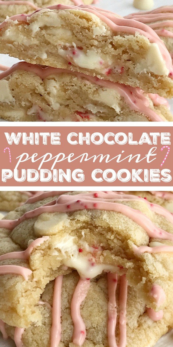 White Chocolate Peppermint Pudding Cookies | Peppermint Cookies | Christmas Cookies | Hershey's Candy Cane Kisses | Soft baked white chocolate pudding peppermint cookies that are stuffed with a Hershey's candy cane kiss! These are the best Christmas cookies you'll ever have. Sweet, soft, thick, stuffed with a candy cane kiss, and drizzled with melted candy cane kisses. #christmasrecipes #holidayrecipes #peppermint #cookies #candycane #dessert #dessertrecipes #recipeoftheday