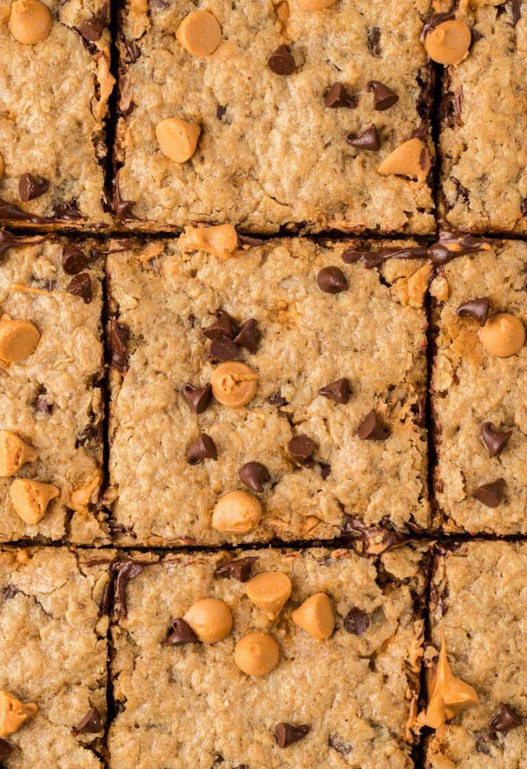 Close up of the pan of cookie bars cut into squares.