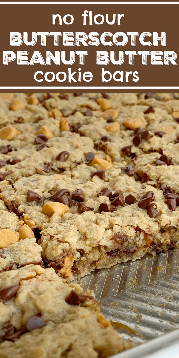 Chewy Butterscotch Peanut Butter Cookie Bars | Cookie Bar Recipe | No Flour | Flourless | Chewy butterscotch peanut butter cookie bars have no flour! Hearty, chewy, soft baked, and loaded with chocolate and butterscotch chips. This cookie bar recipe makes lots of cookie bars so it's perfect for snacks (freeze extras) or big gatherings. #dessertrecipe #cookiebars #noflourcookies #recipeoftheday #easyrecipes #peanutbutter