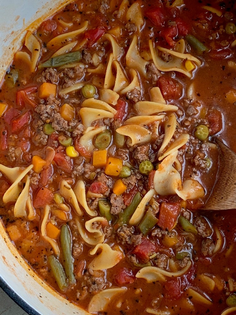 Vegetable Beef Noodle Soup | Vegetable Beef Soup | Vegetable beef soup is so easy to make with convenient ingredients! Ground beef, stewed tomato beef broth base, and vegetables with egg noodles. Cooks in one pot on the stove and is ready in 30 minutes. #soup #onepot #groundbeefrecipe #dinnerrecipe #easyrecipe #souprecipes