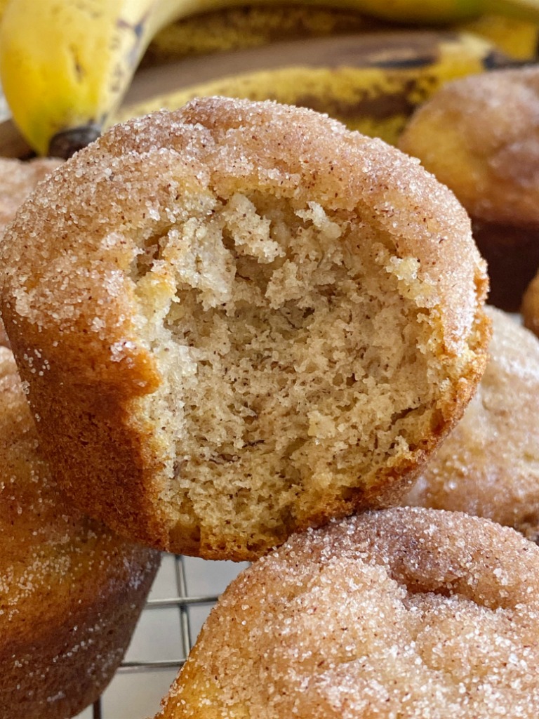 Banana Muffins are soft, bake up perfectly round, and topped with cinnamon & sugar. One bowl is all you need to make the best banana bread muffins. No mixer needed!