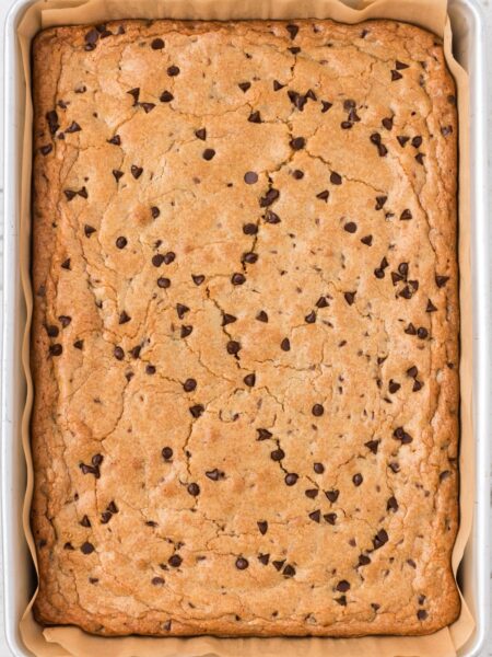 Top view of the pan of baked blondie bars