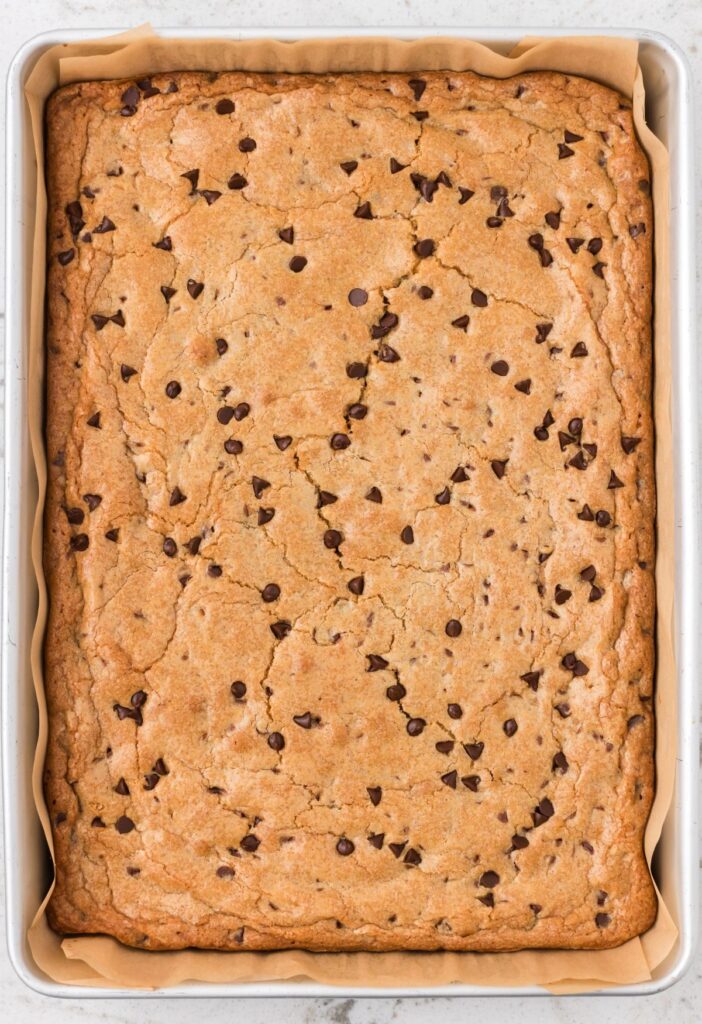 Top view of the pan of baked blondie bars