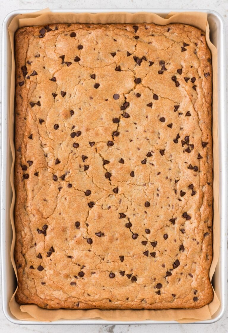 Top view of the pan of baked blondie bars