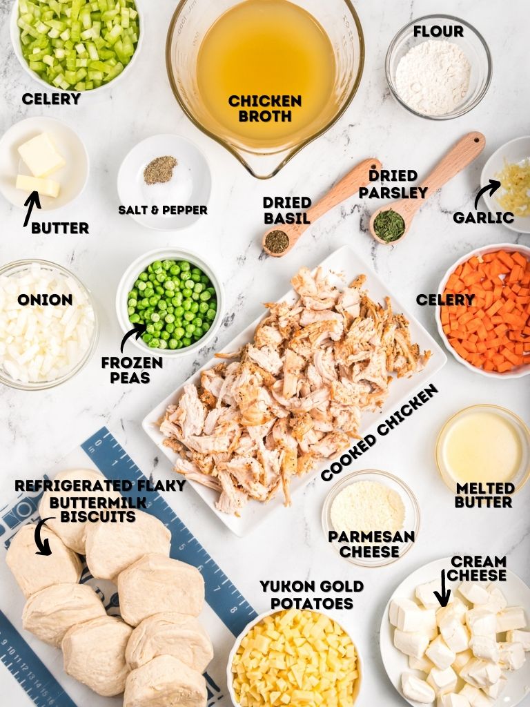 A graphic of ingredients needed to make this casserole recipe. Each ingredient is labeled with the title of it. 