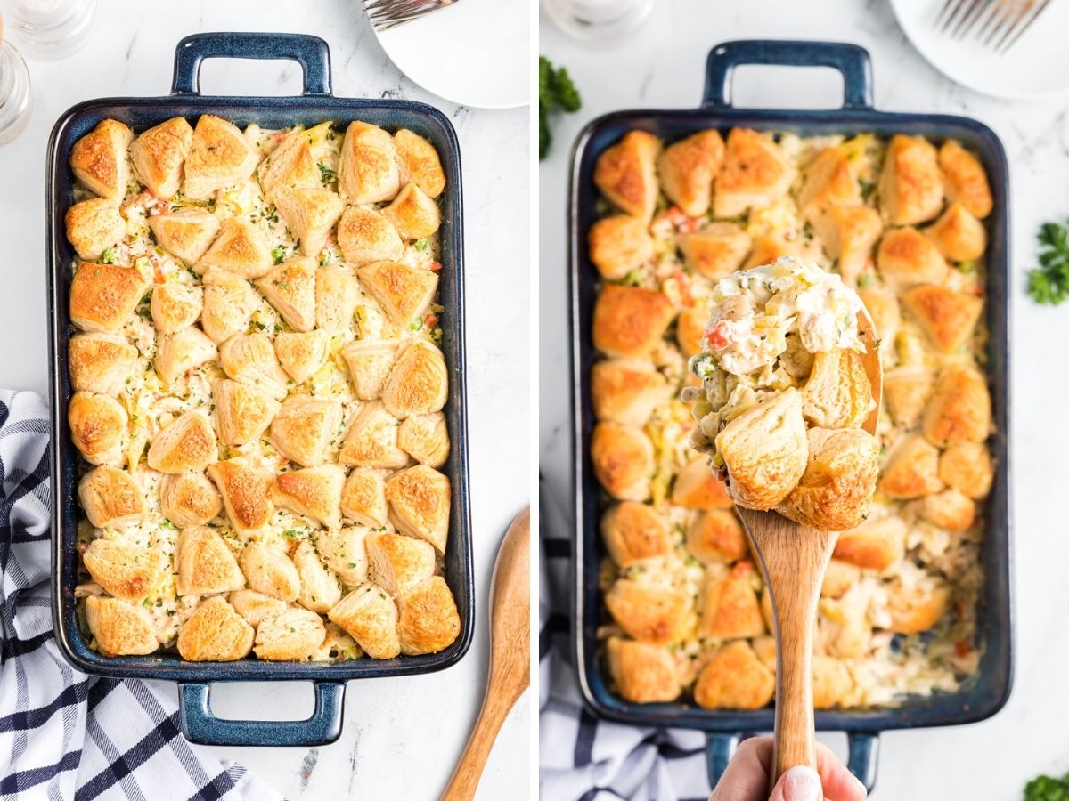 A picture collage showing how to make pot pie casserole with step by step pictures. 