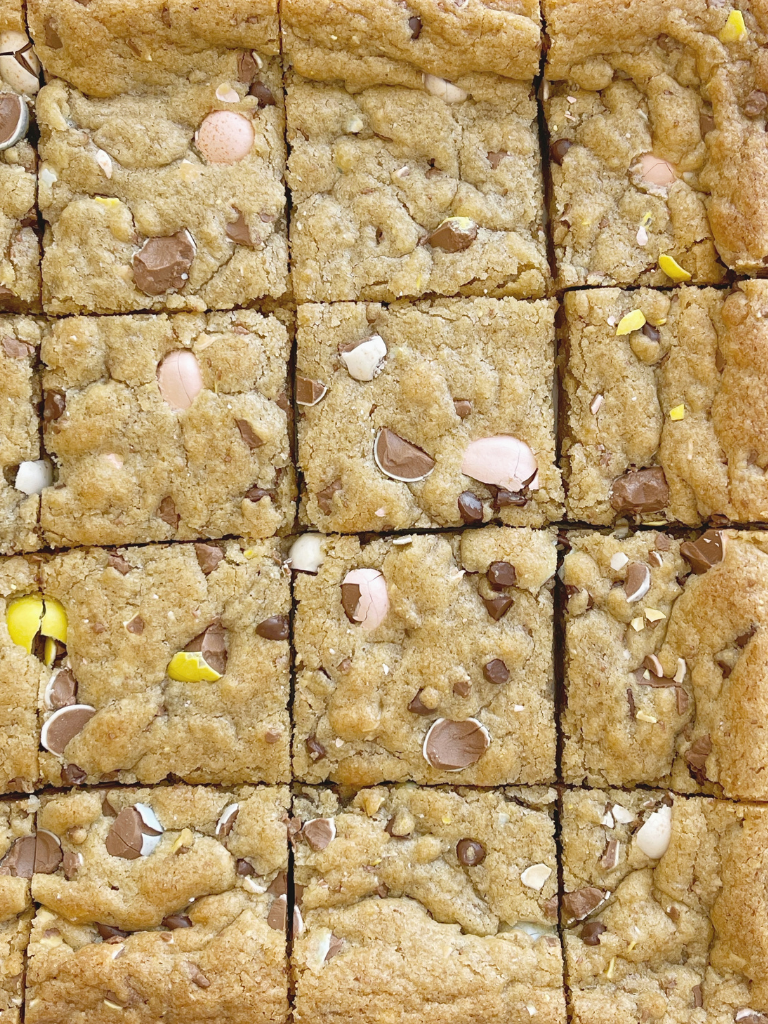 Blondies bars with chopped Cadbury mini eggs inside 