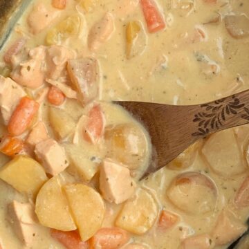 Crock Pot Creamy Chicken Stew | Chicken Stew | Stew Recipes | Slow Cooker Recipes | Chicken Stew made right in the slow cooker! So simple to make, creamy, delicious, comfort food, that the entire family will devour. Carrots, potatoes, and chunked chicken is cooked in a creamy sauce with ranch seasoning, chicken broth, cream of chicken soup, and sour cream in the crock pot. #stewrecipe #recipeoftheday #dinnerideas #slowcooker #crockpot #chickenrecipes